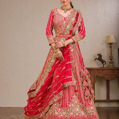 Red Zariwork Raw Silk Readymade Lehenga