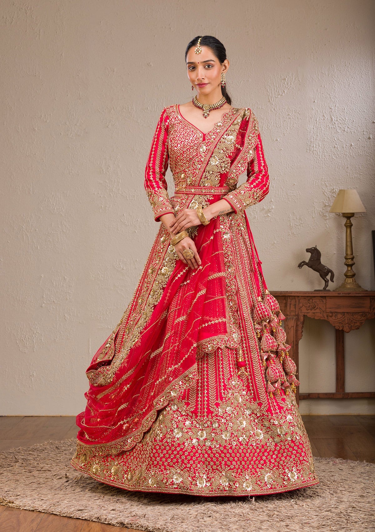 Red Zariwork Raw Silk Readymade Lehenga