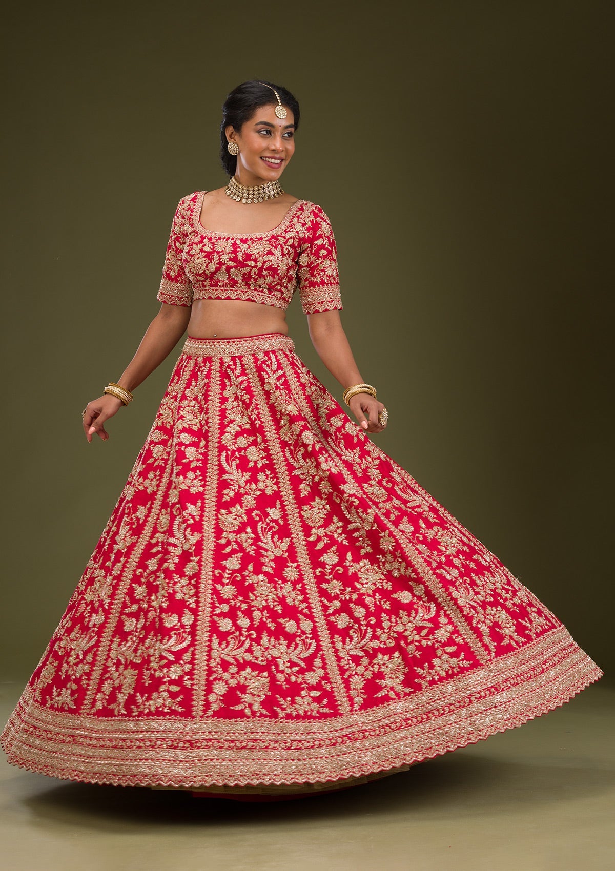 Red Zariwork Raw Silk Readymade Lehenga