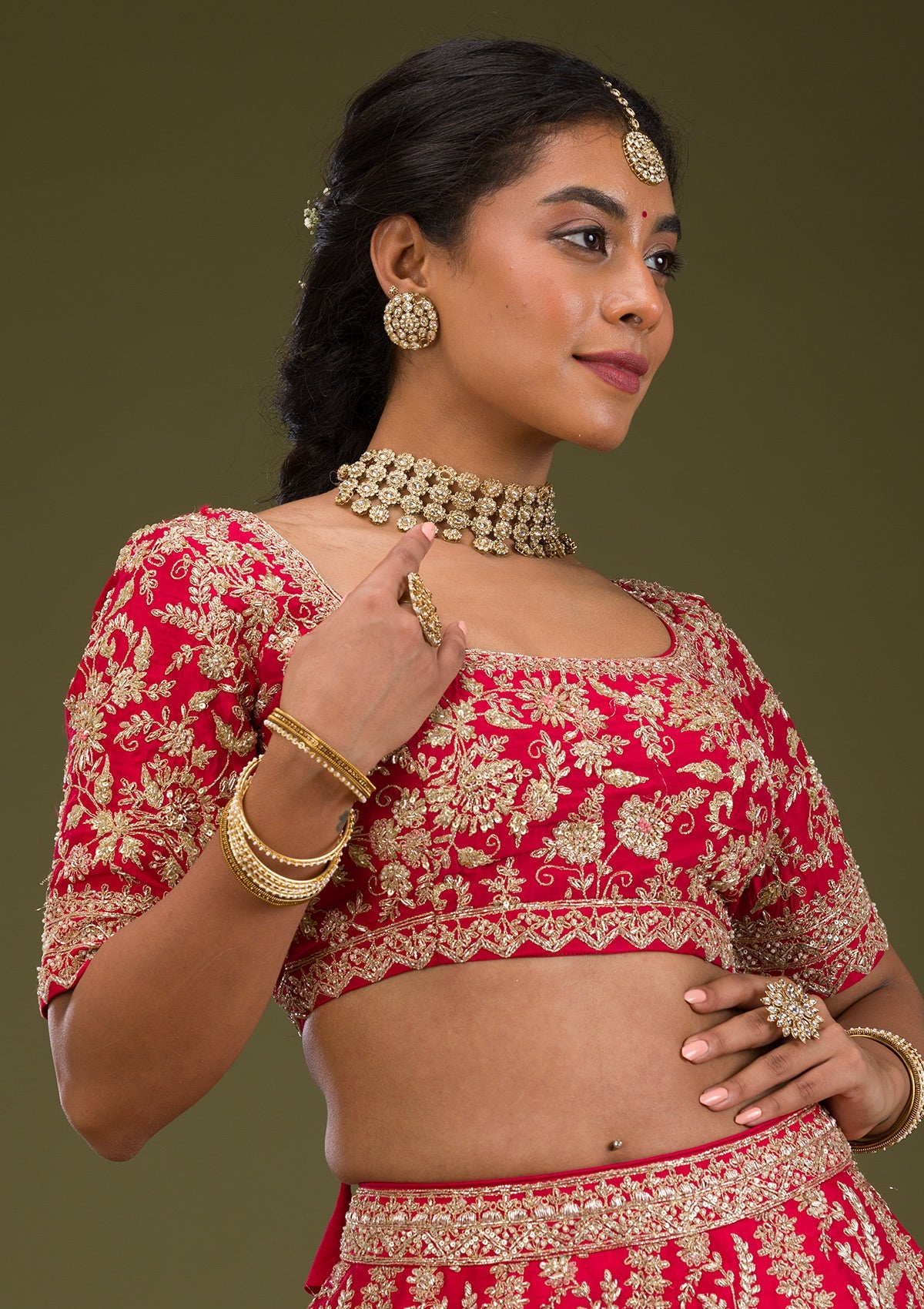 Red Zariwork Raw Silk Readymade Lehenga