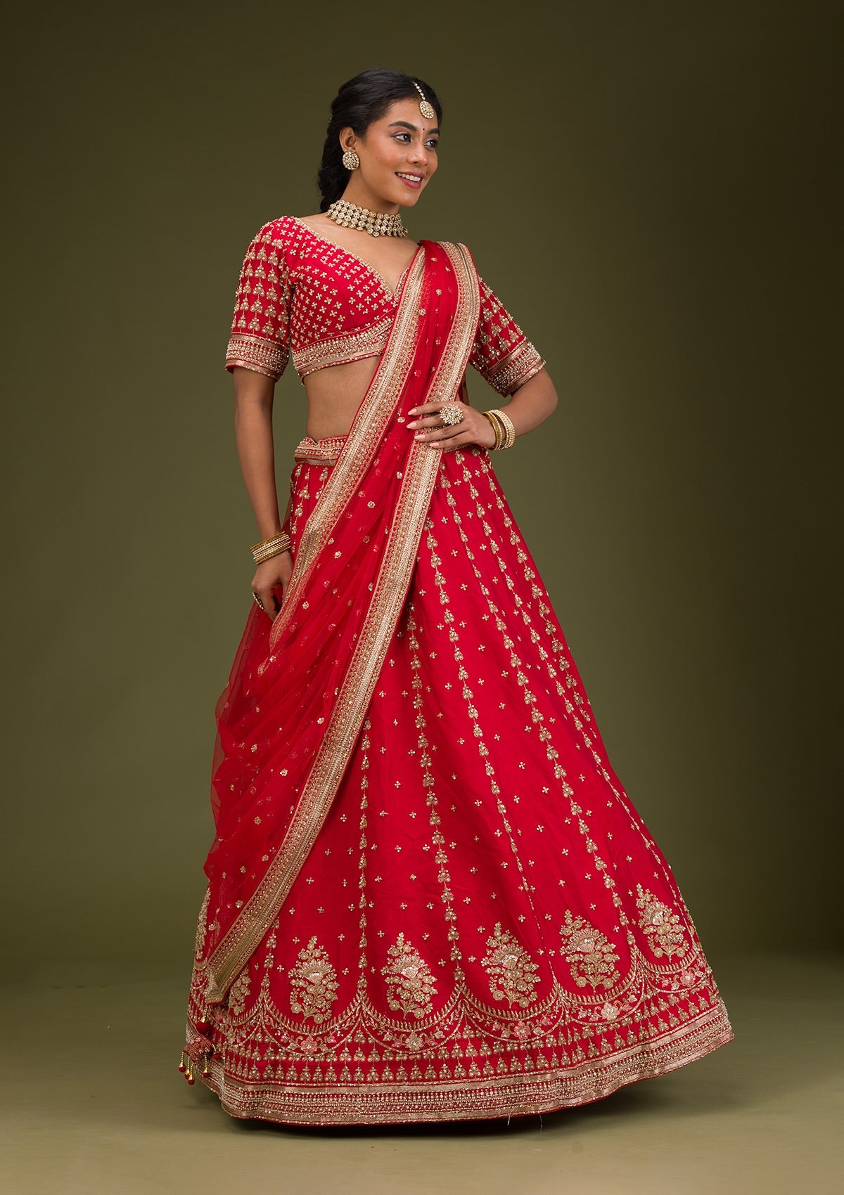 Red Zariwork Raw Silk Readymade Lehenga