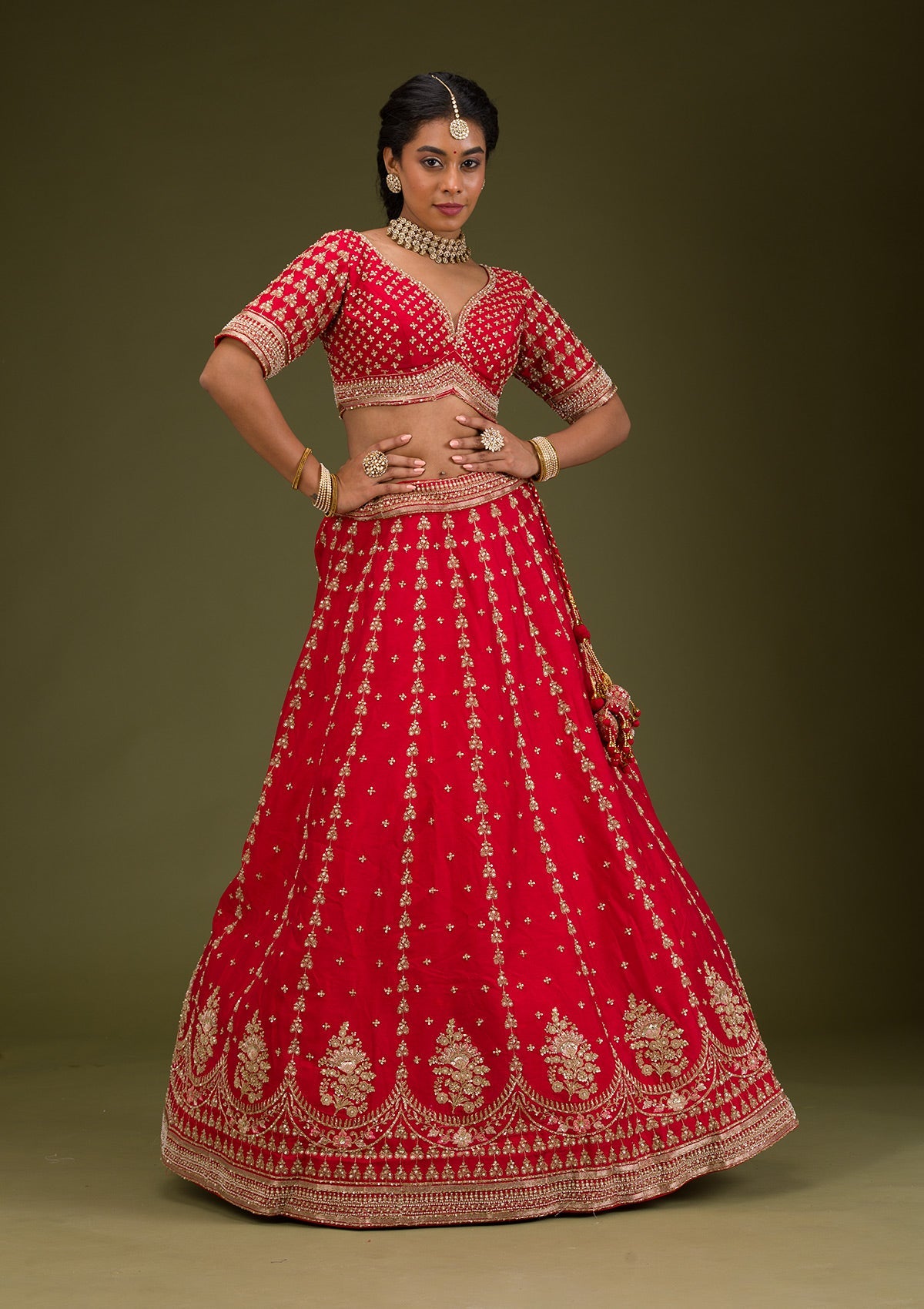 Red Zariwork Raw Silk Readymade Lehenga