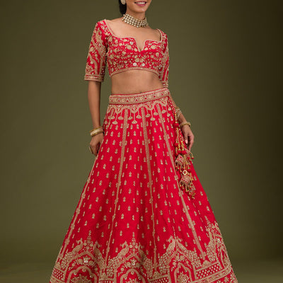 Red Zariwork Raw Silk Readymade Lehenga