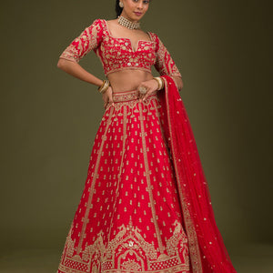 Red Zariwork Raw Silk Readymade Lehenga