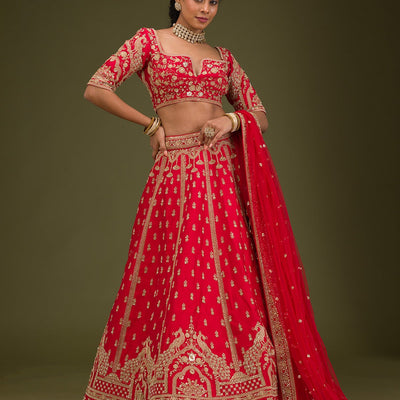 Red Zariwork Raw Silk Readymade Lehenga
