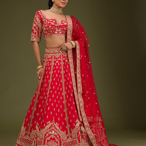 Red Zariwork Raw Silk Readymade Lehenga