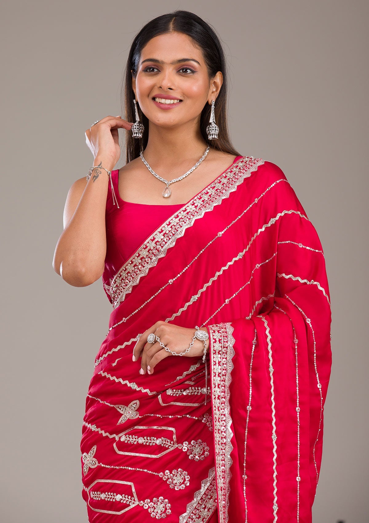 Red Zariwork Satin Saree