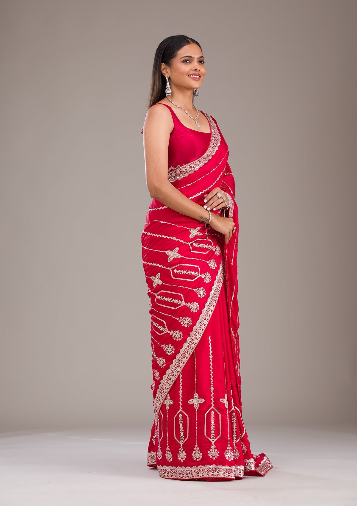 Red Zariwork Satin Saree