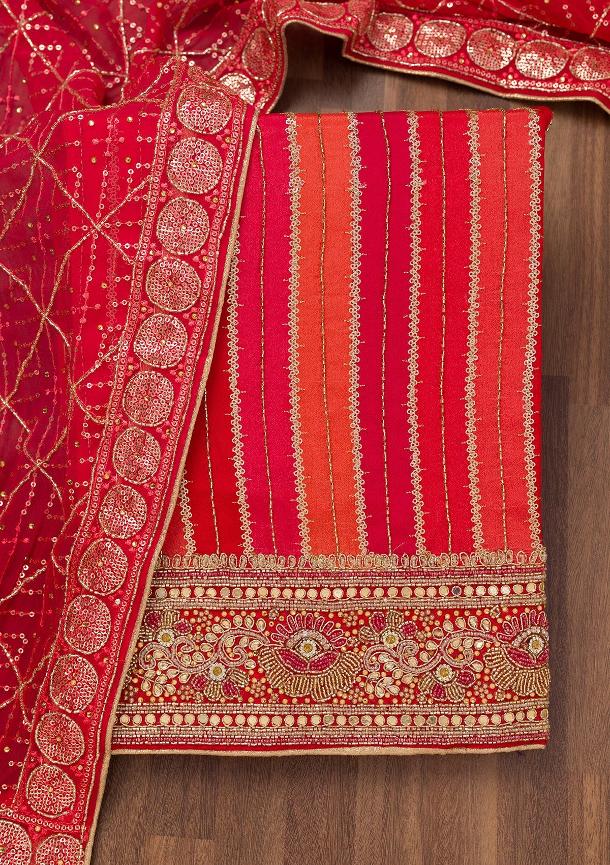 Red Zariwork Semi Crepe Unstitched Salwar Suit