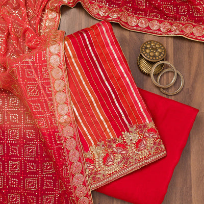 Red Zariwork Semi Crepe Unstitched Salwar Suit