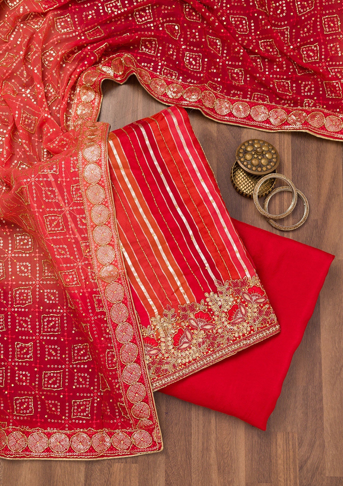 Red Zariwork Semi Crepe Unstitched Salwar Suit