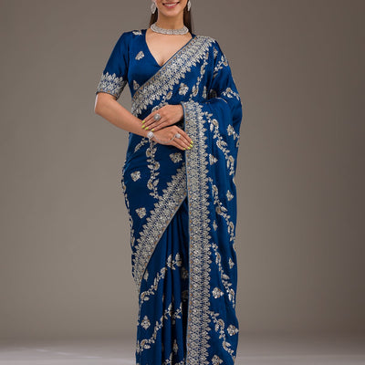 Royal Blue Threadwork Satin Saree