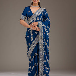 Royal Blue Threadwork Satin Saree
