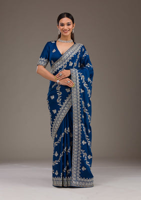 Royal Blue Threadwork Satin Saree