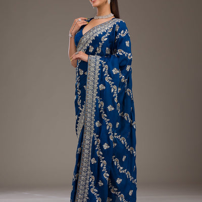Royal Blue Threadwork Satin Saree