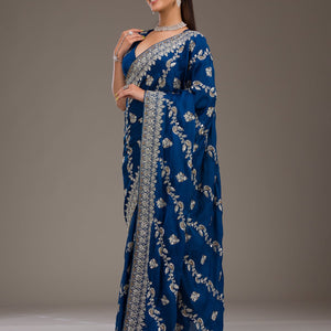 Royal Blue Threadwork Satin Saree