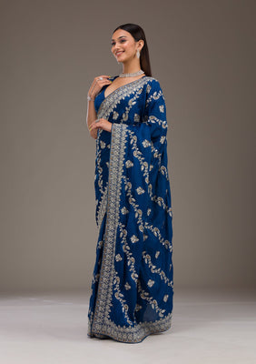 Royal Blue Threadwork Satin Saree