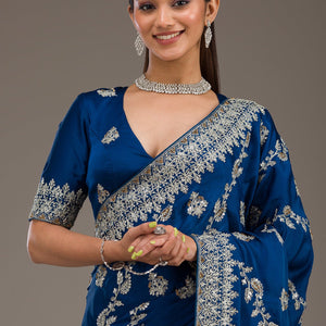 Royal Blue Threadwork Satin Saree