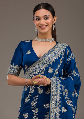 Royal Blue Threadwork Satin Saree