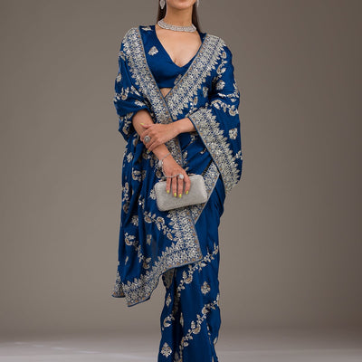 Royal Blue Threadwork Satin Saree