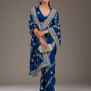 Royal Blue Threadwork Satin Saree