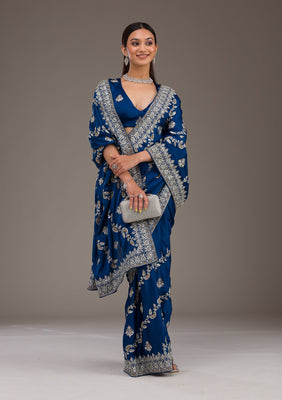 Royal Blue Threadwork Satin Saree
