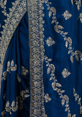 Royal Blue Threadwork Satin Saree