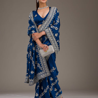 Royal Blue Threadwork Satin Saree