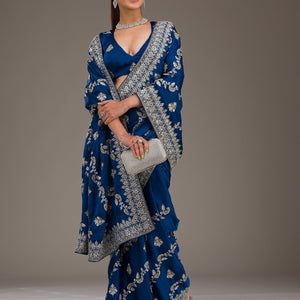 Royal Blue Threadwork Satin Saree