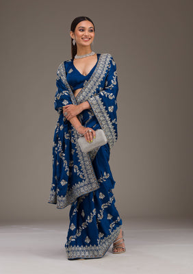 Royal Blue Threadwork Satin Saree