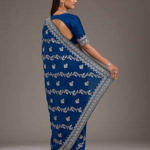 Royal Blue Threadwork Satin Saree