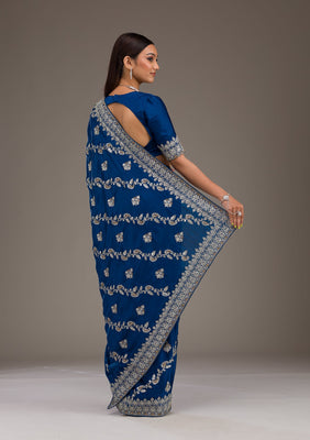 Royal Blue Threadwork Satin Saree