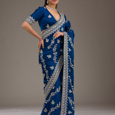 Royal Blue Threadwork Satin Saree
