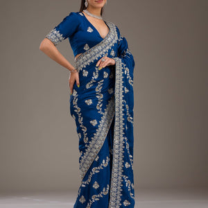 Royal Blue Threadwork Satin Saree