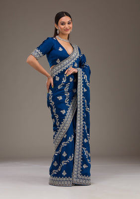 Royal Blue Threadwork Satin Saree