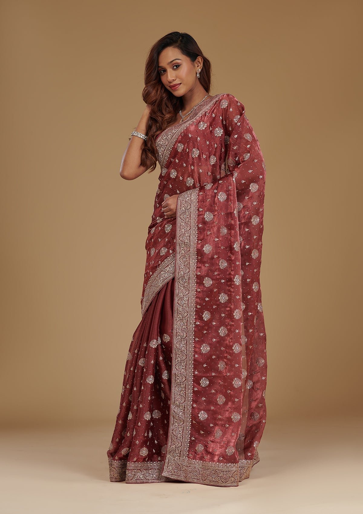 Rust Zariwork Tissue Saree