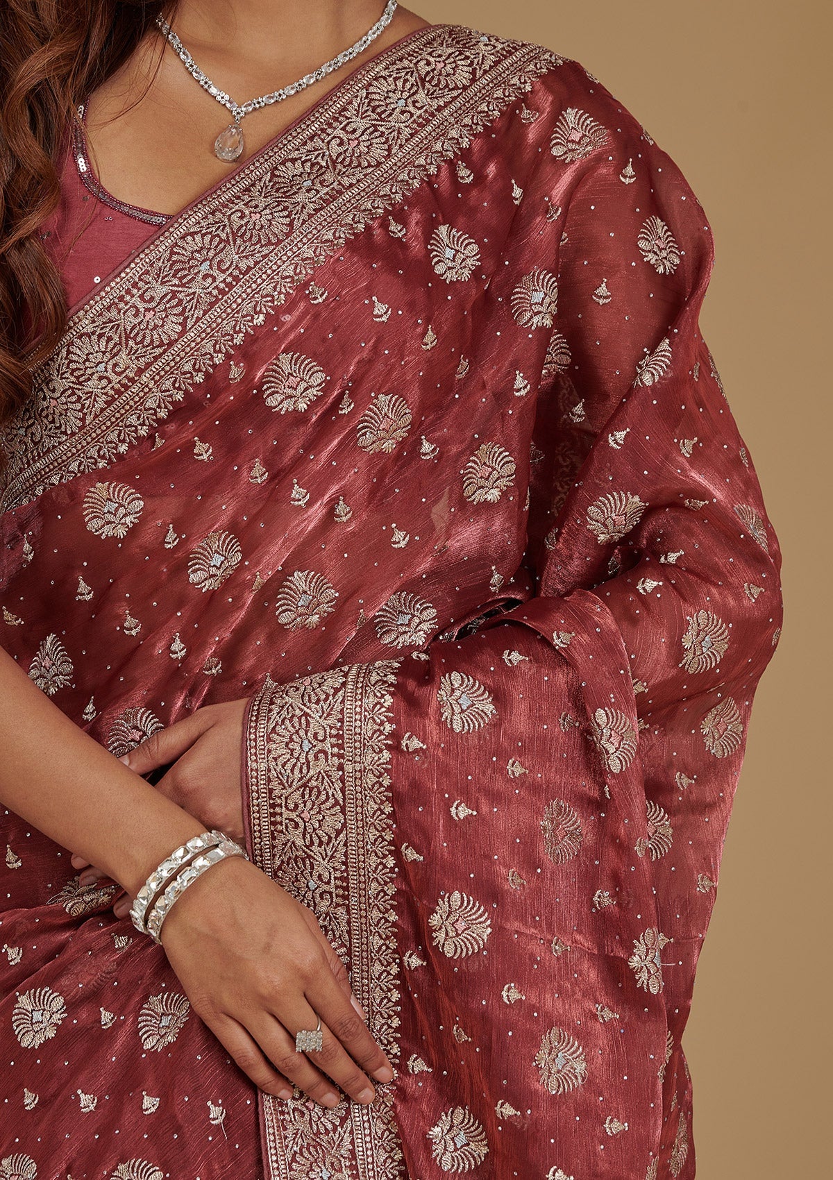 Rust Zariwork Tissue Saree