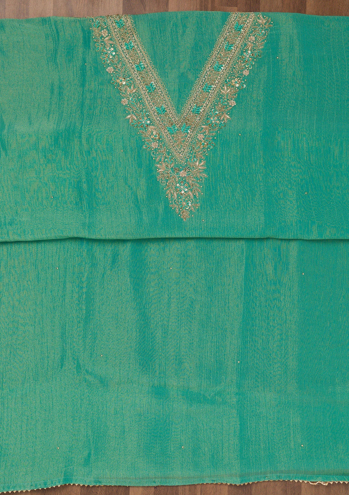 Sea Green Zariwork Raw Silk Unstitched Salwar Suit