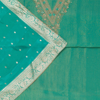 Sea Green Zariwork Raw Silk Unstitched Salwar Suit