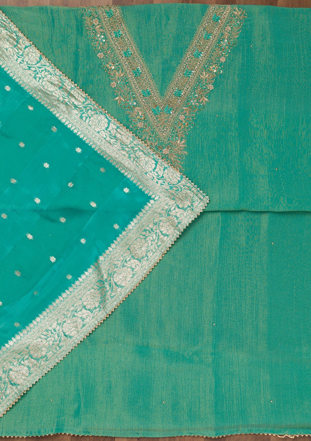 Sea Green Zariwork Raw Silk Unstitched Salwar Suit