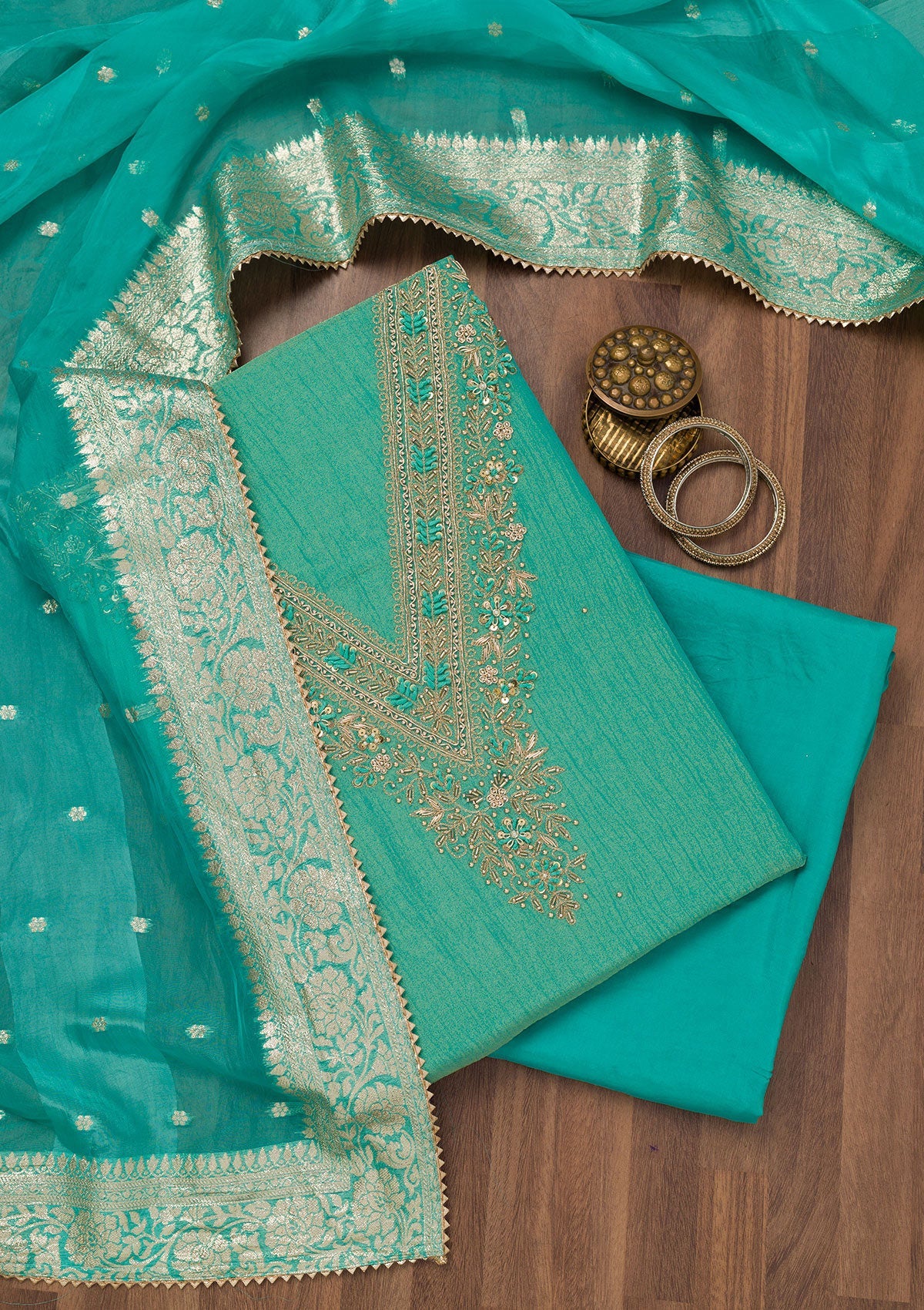 Sea Green Zariwork Raw Silk Unstitched Salwar Suit