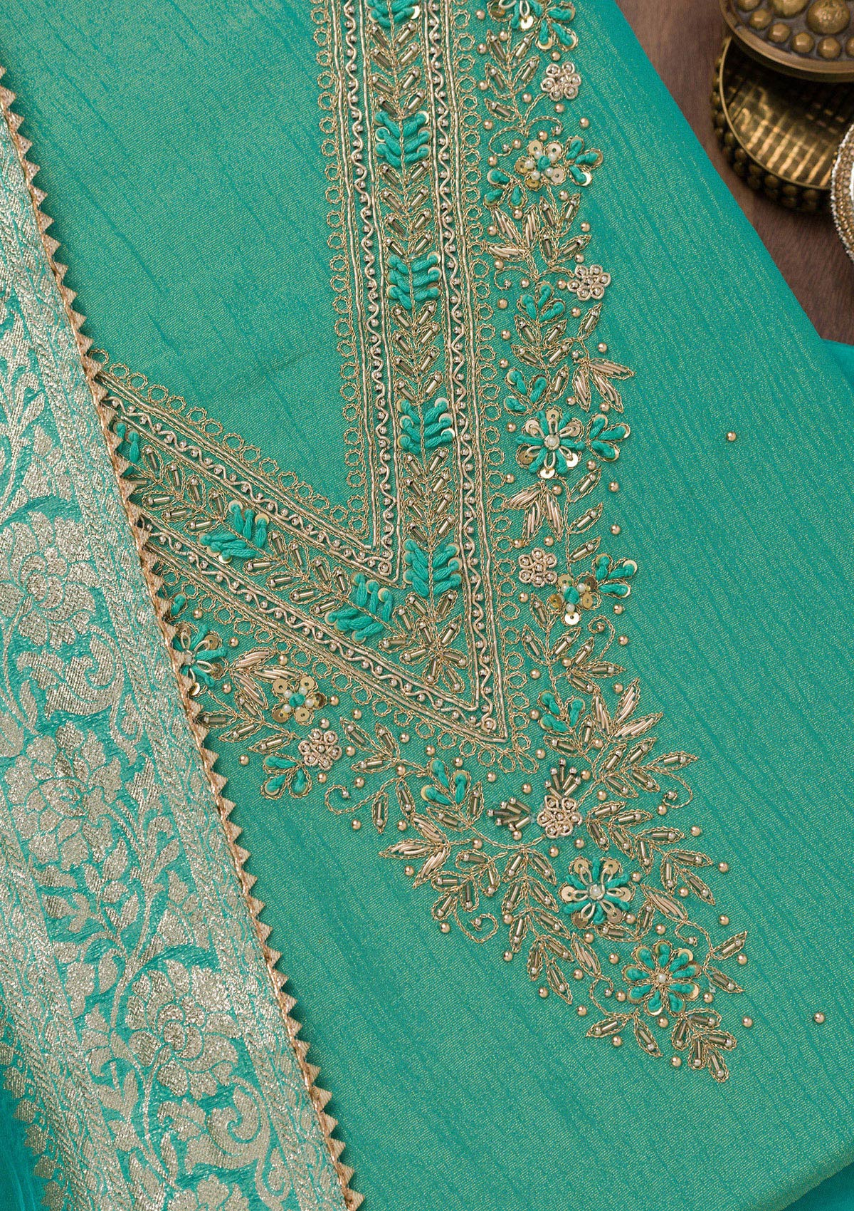 Sea Green Zariwork Raw Silk Unstitched Salwar Suit