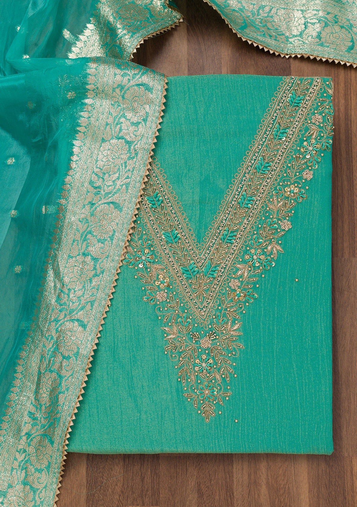 Sea Green Zariwork Raw Silk Unstitched Salwar Suit