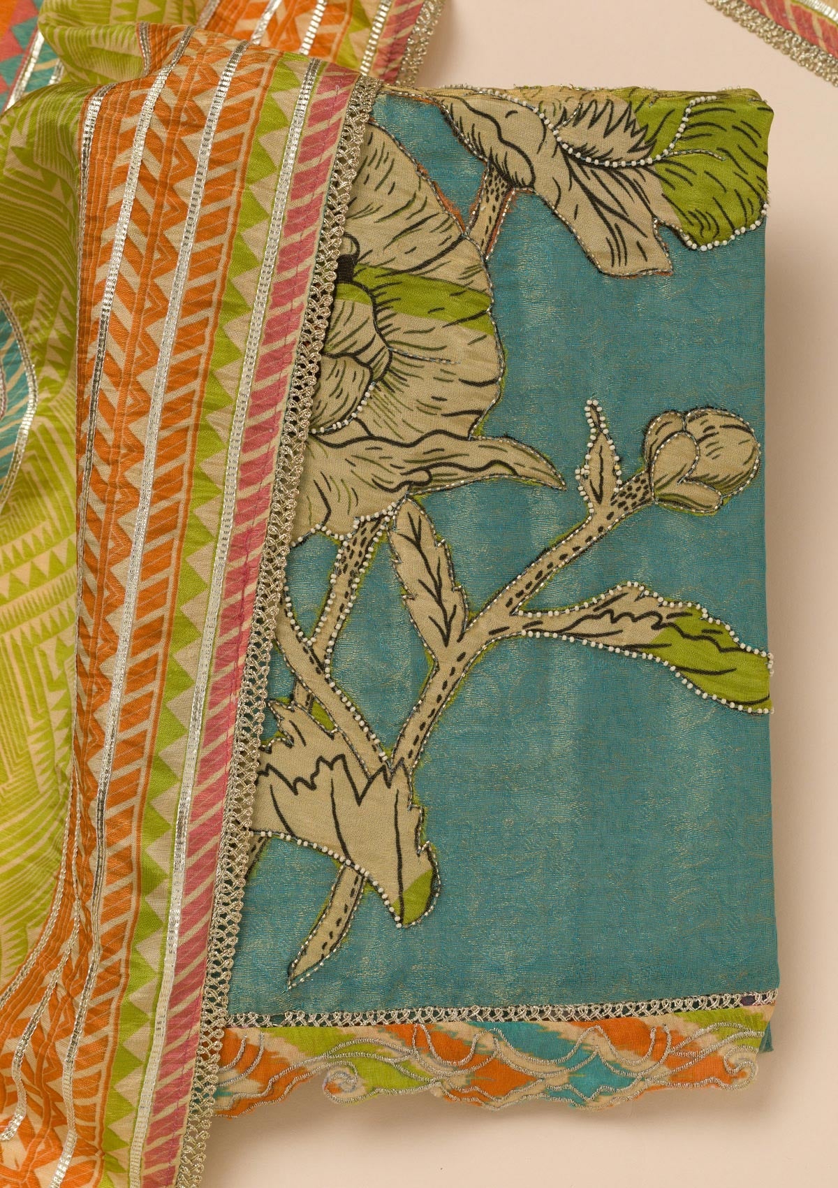 Sea Green Printed Semi Crepe Unstitched Salwar Suit
