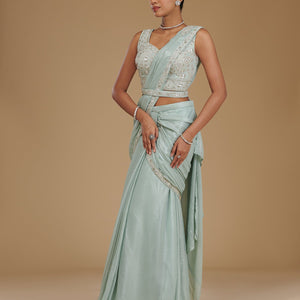 Sea Green Sequins Chiffon Readymade Saree