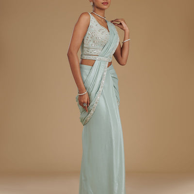 Sea Green Sequins Chiffon Readymade Saree