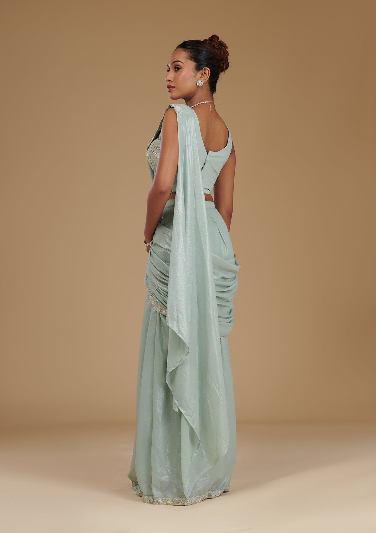 Sea Green Sequins Chiffon Readymade Saree