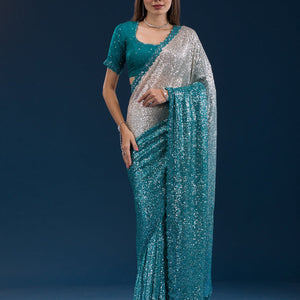 Sea Green Sequins Georgette Saree