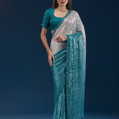 Sea Green Sequins Georgette Saree