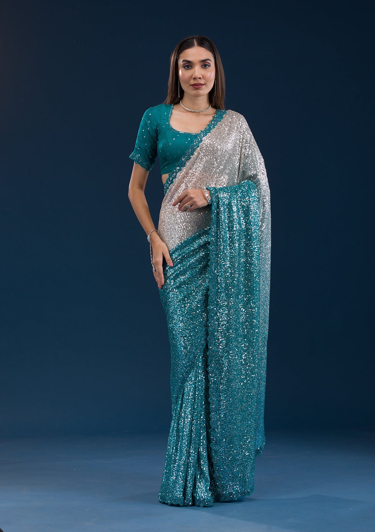 Sea Green Sequins Georgette Saree
